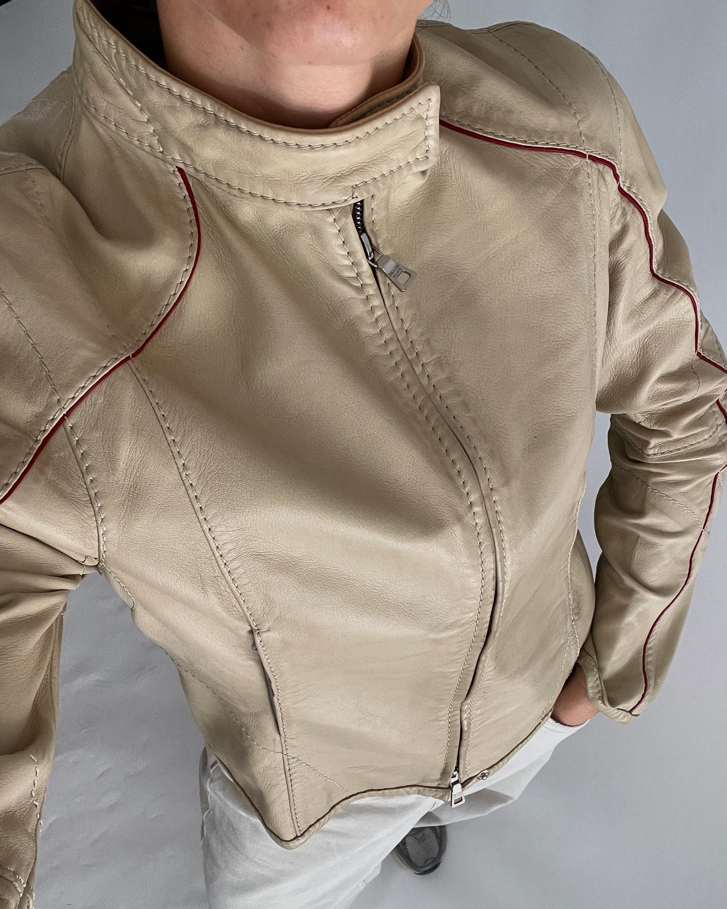 Prada Beige Leather Jacket with Red Accents