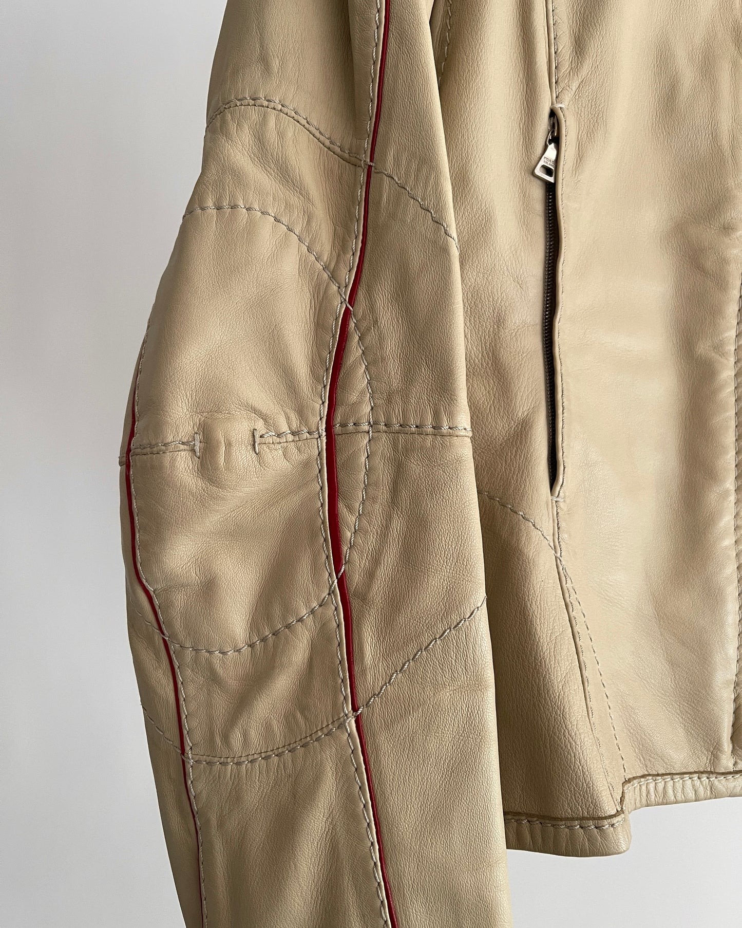 Prada Beige Leather Jacket with Red Accents