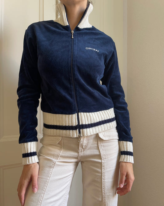 Navy Blue Velour Zip-Up Jacket with Ribbed Contrast Trim