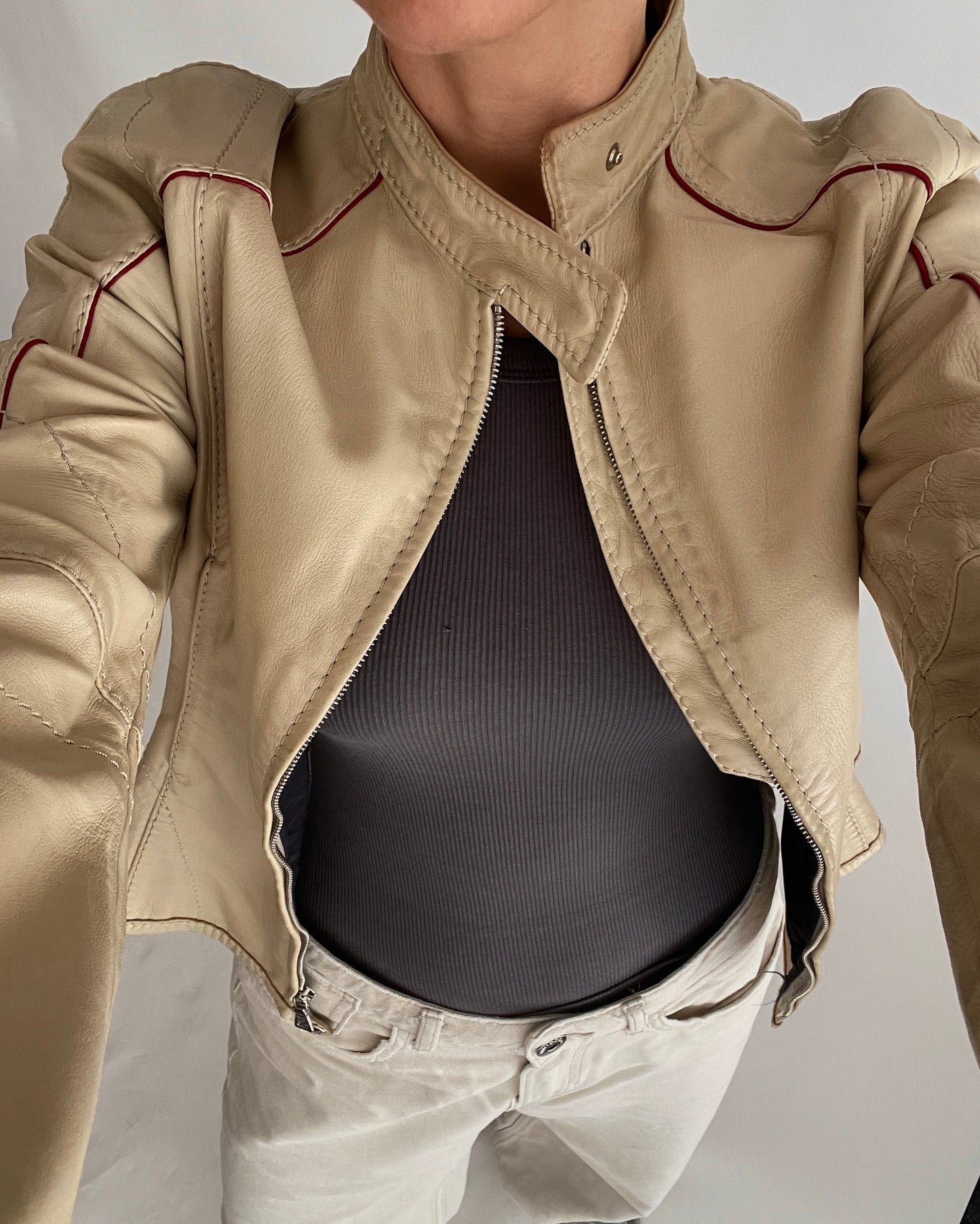 Prada Beige Leather Jacket with Red Accents