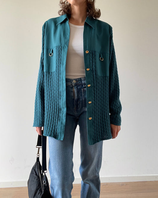 Vintage petrol color cardigan with gold details