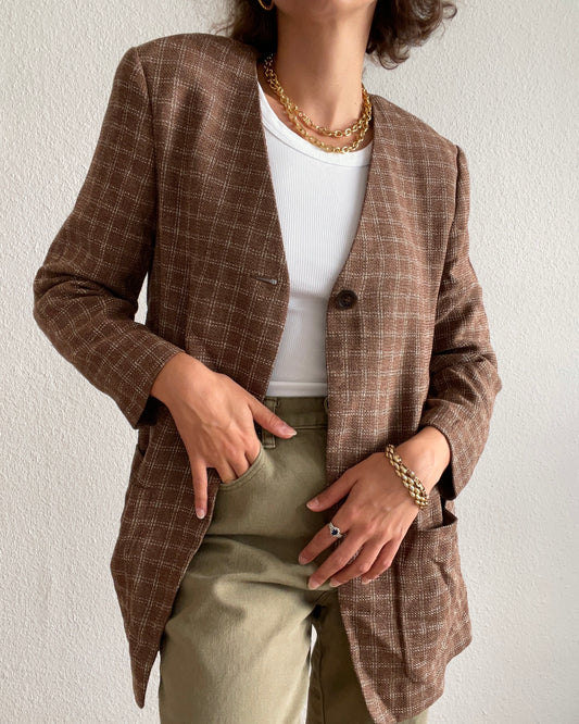 Brown blazer with white check pattern and epaulette