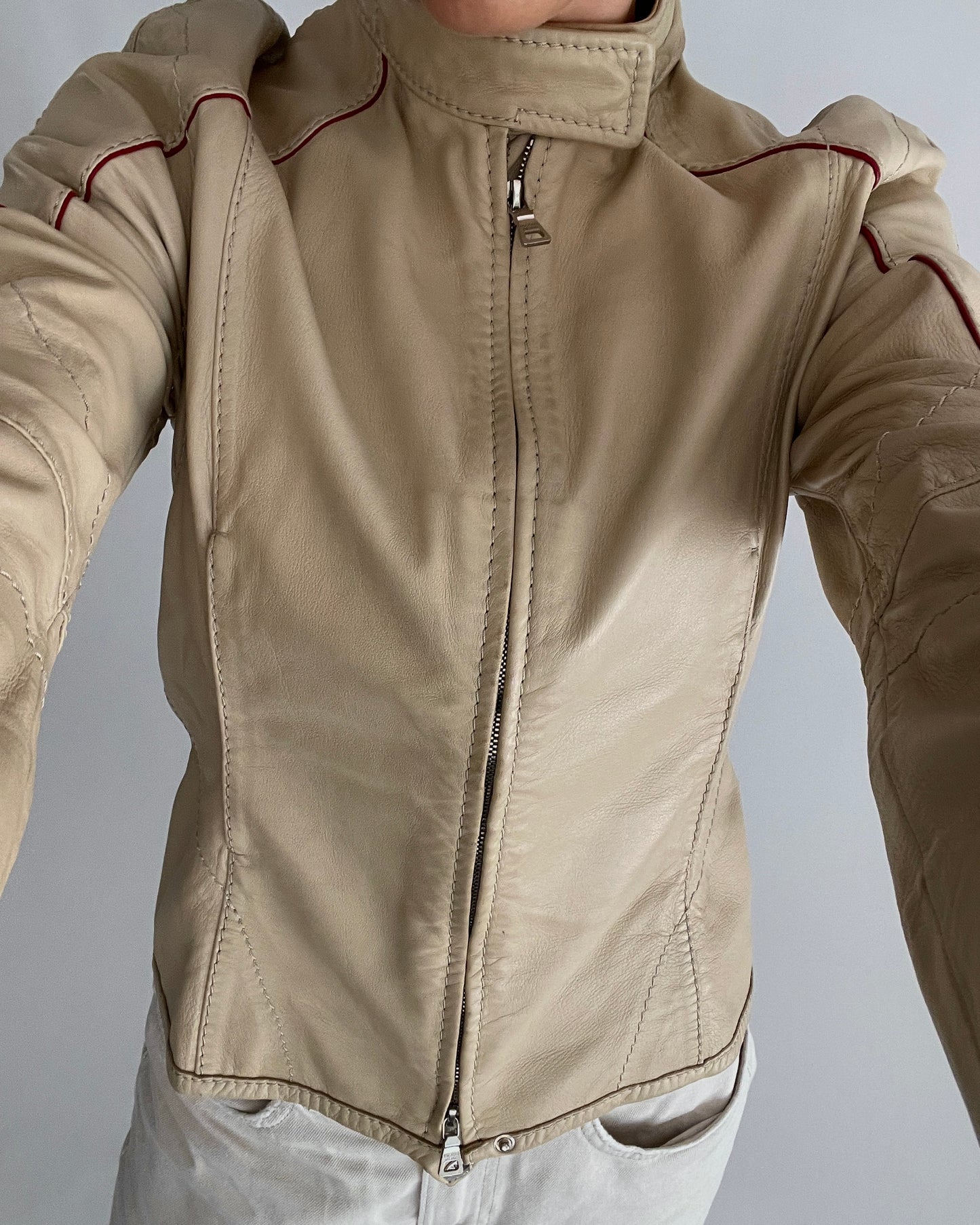 Prada Beige Leather Jacket with Red Accents