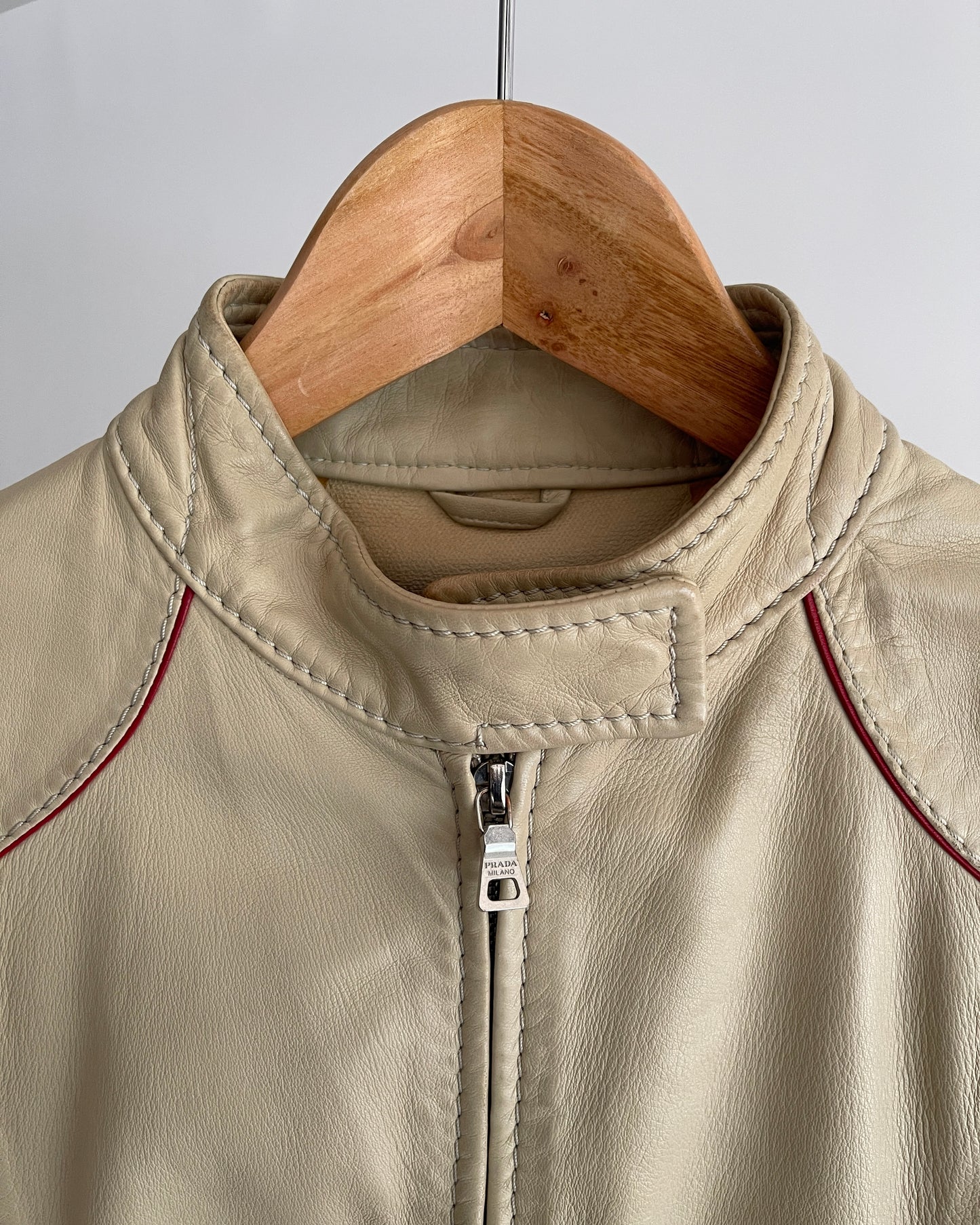 Prada Beige Leather Jacket with Red Accents